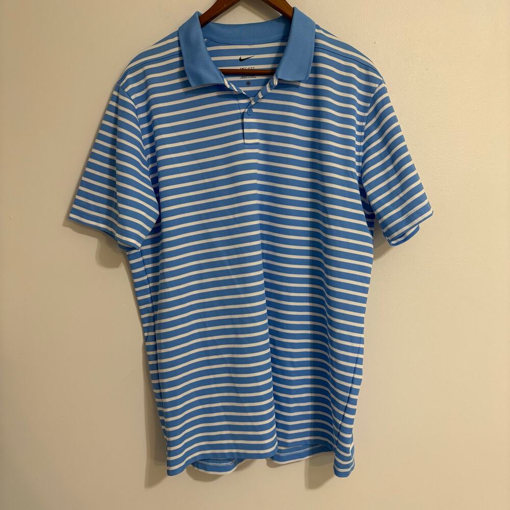 Nike Dri- Fit Men's Large Golf Collared Polo Blue White Stripe Preppy Casual